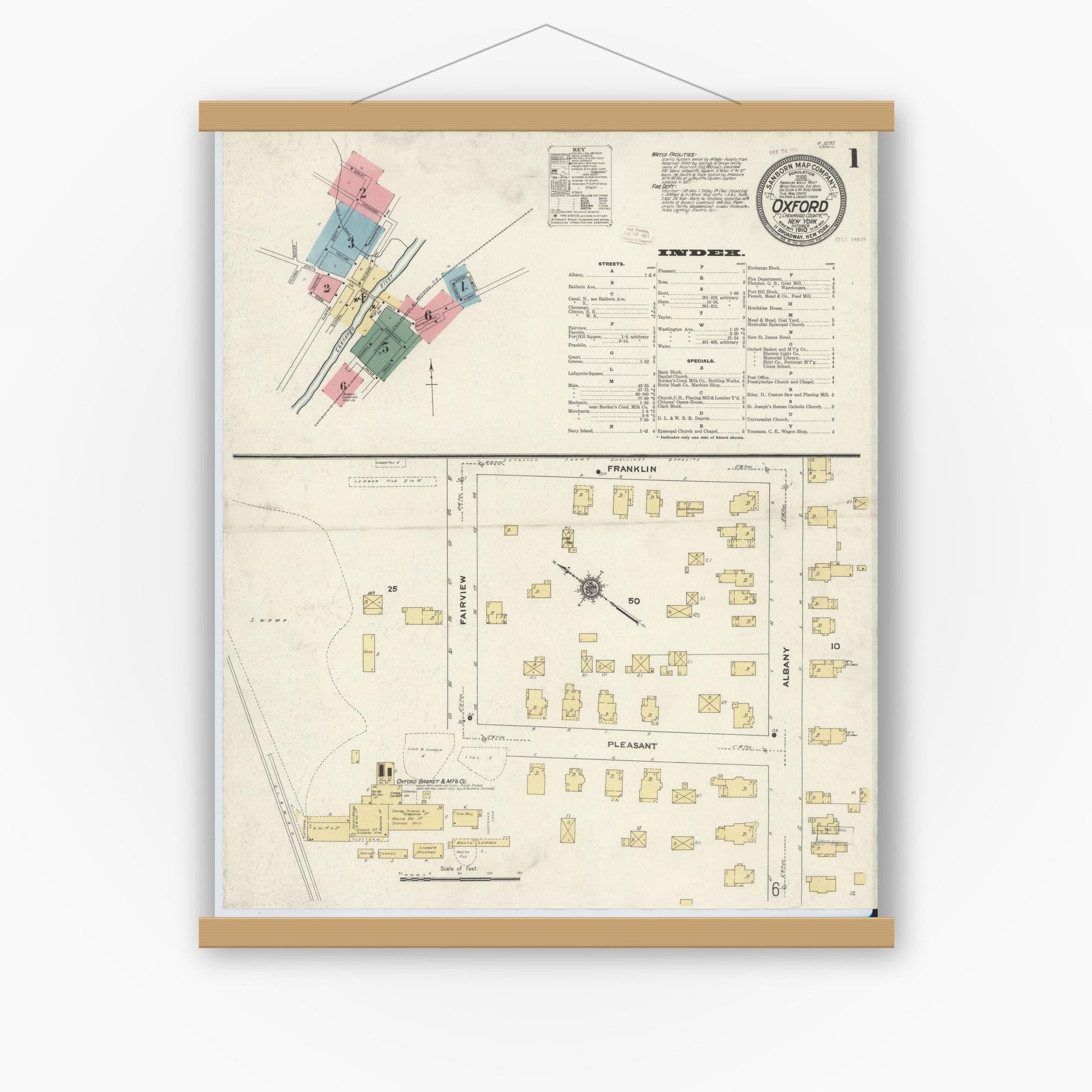 Old map wall art mockup — magnetic wood frame on white wall — Sanborn Fire Insurance Map from Oxford, Chenango County, New York (1910) - Complete Map Set