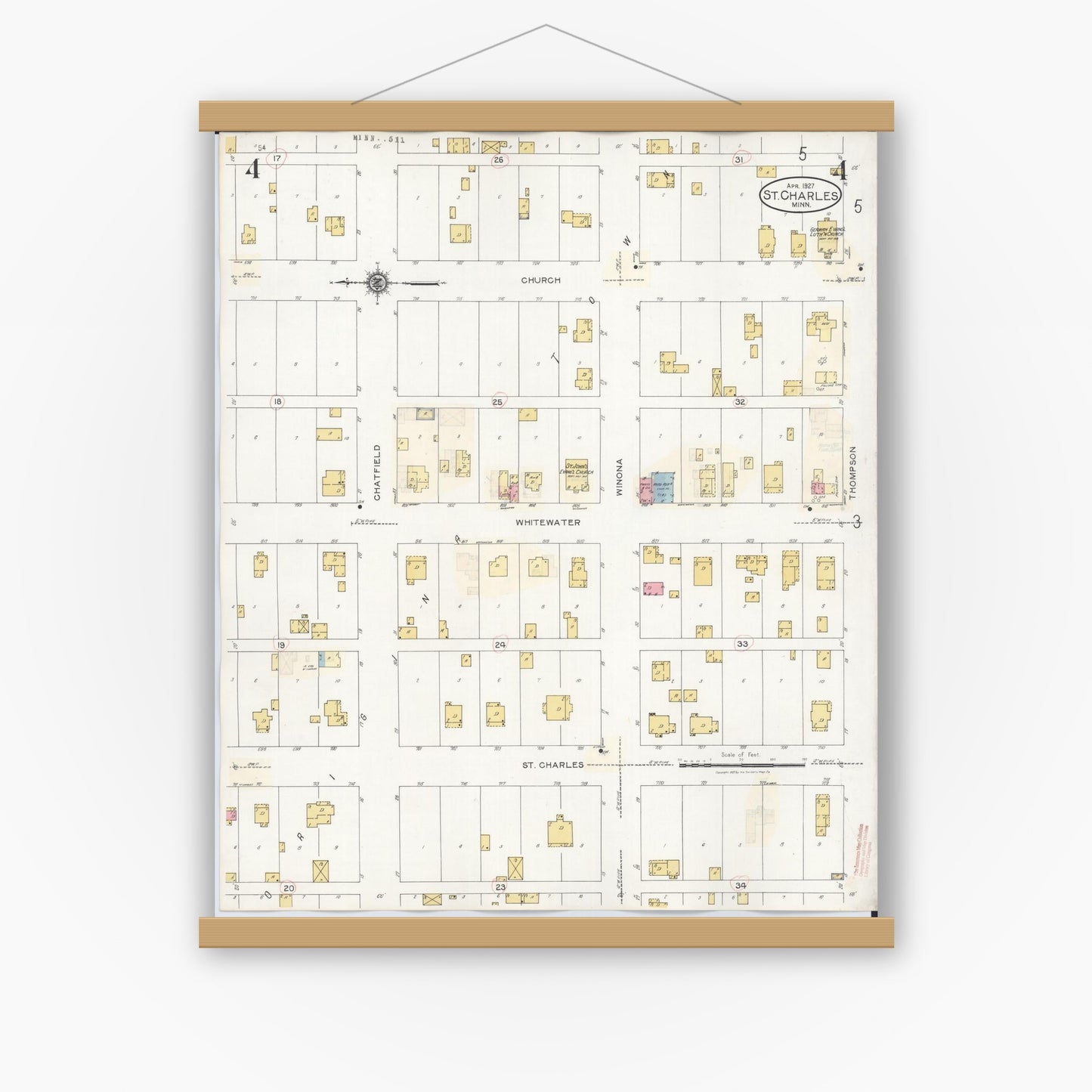Old map wall art mockup — magnetic wood frame on white wall — Sanborn Fire Insurance Map from Saint Charles, Winona County, Minnesota (1940), Sheet #0004