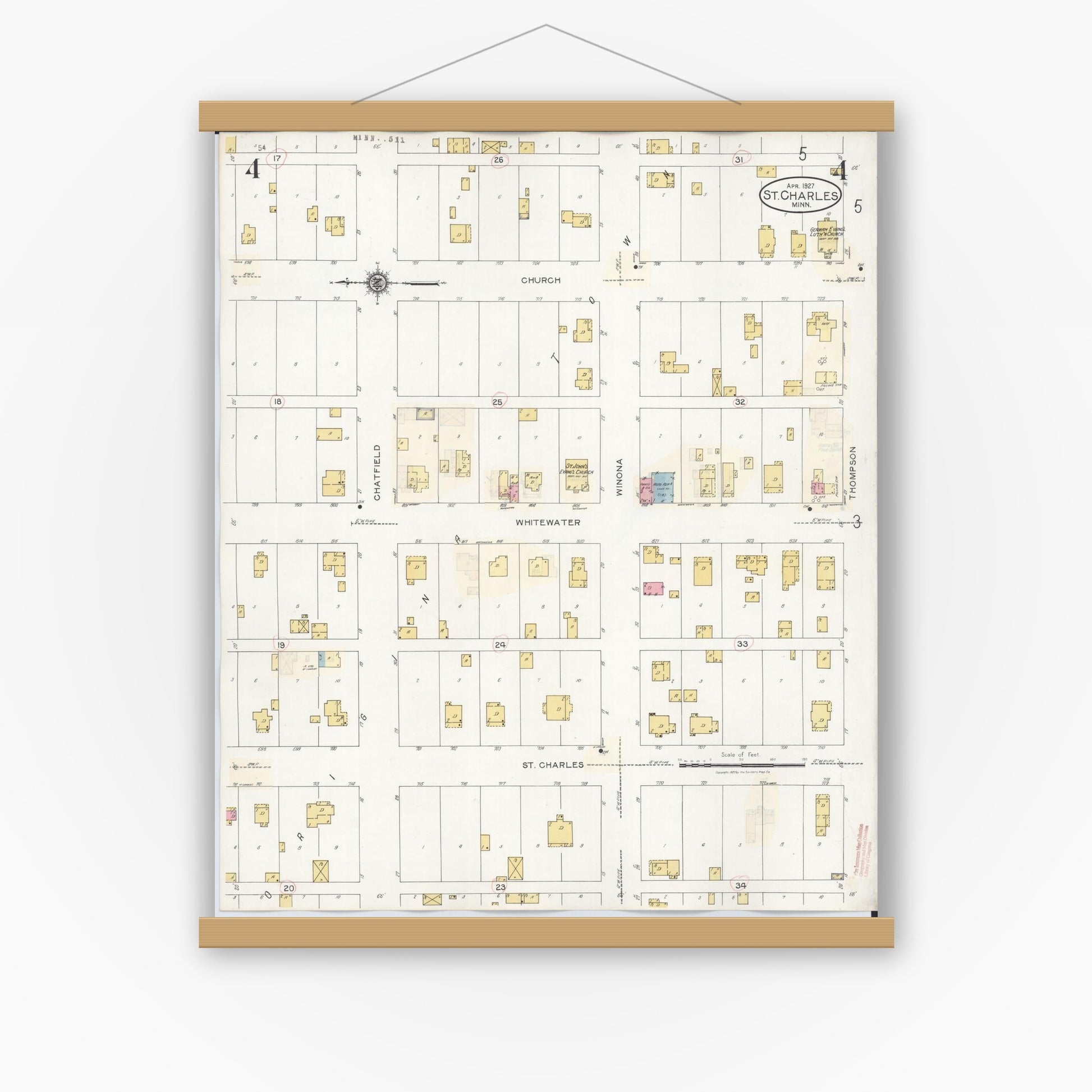 Old map wall art mockup — magnetic wood frame on white wall — Sanborn Fire Insurance Map from Saint Charles, Winona County, Minnesota (1940), Sheet #0004
