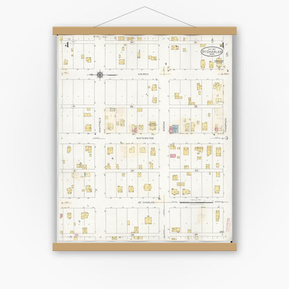 Old map wall art mockup — magnetic wood frame on white wall — Sanborn Fire Insurance Map from Saint Charles, Winona County, Minnesota (1940), Sheet #0004