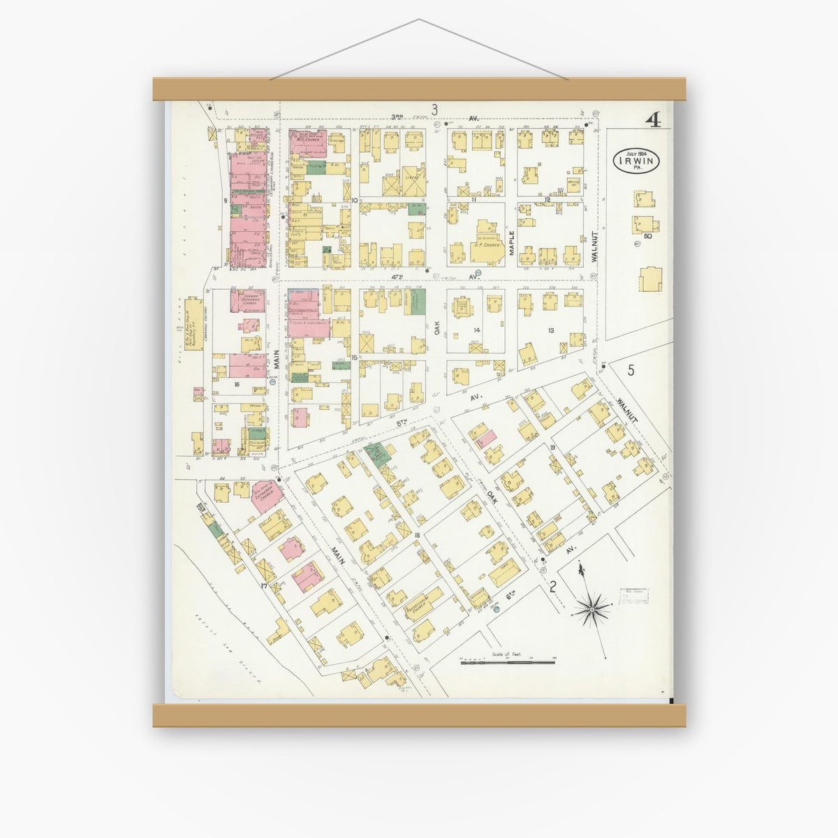 Old map wall art mockup — magnetic wood frame on white wall — Sanborn Fire Insurance Map from Irwin, Westmoreland County, Pennsylvania (1904), Sheet #0004