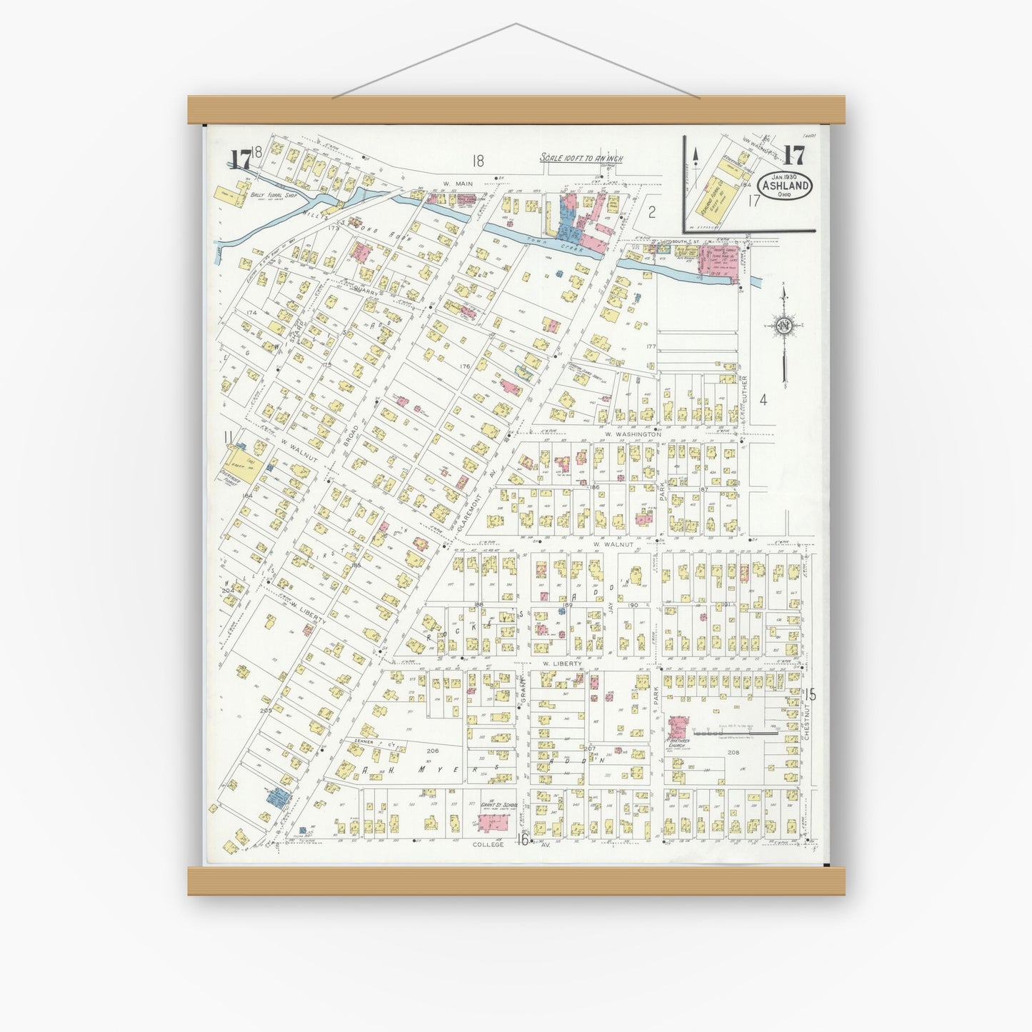 Old map wall art mockup — magnetic wood frame on white wall — Sanborn Fire Insurance Map from Ashland, Ashland County, Ohio (1930), Sheet #0017
