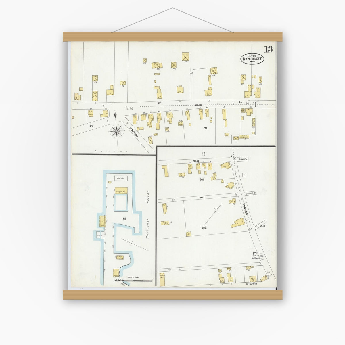 Old map wall art mockup — magnetic wood frame on white wall — Sanborn Fire Insurance Map from Nantucket, Nantucket County, Massachusetts (1898), Sheet #0013