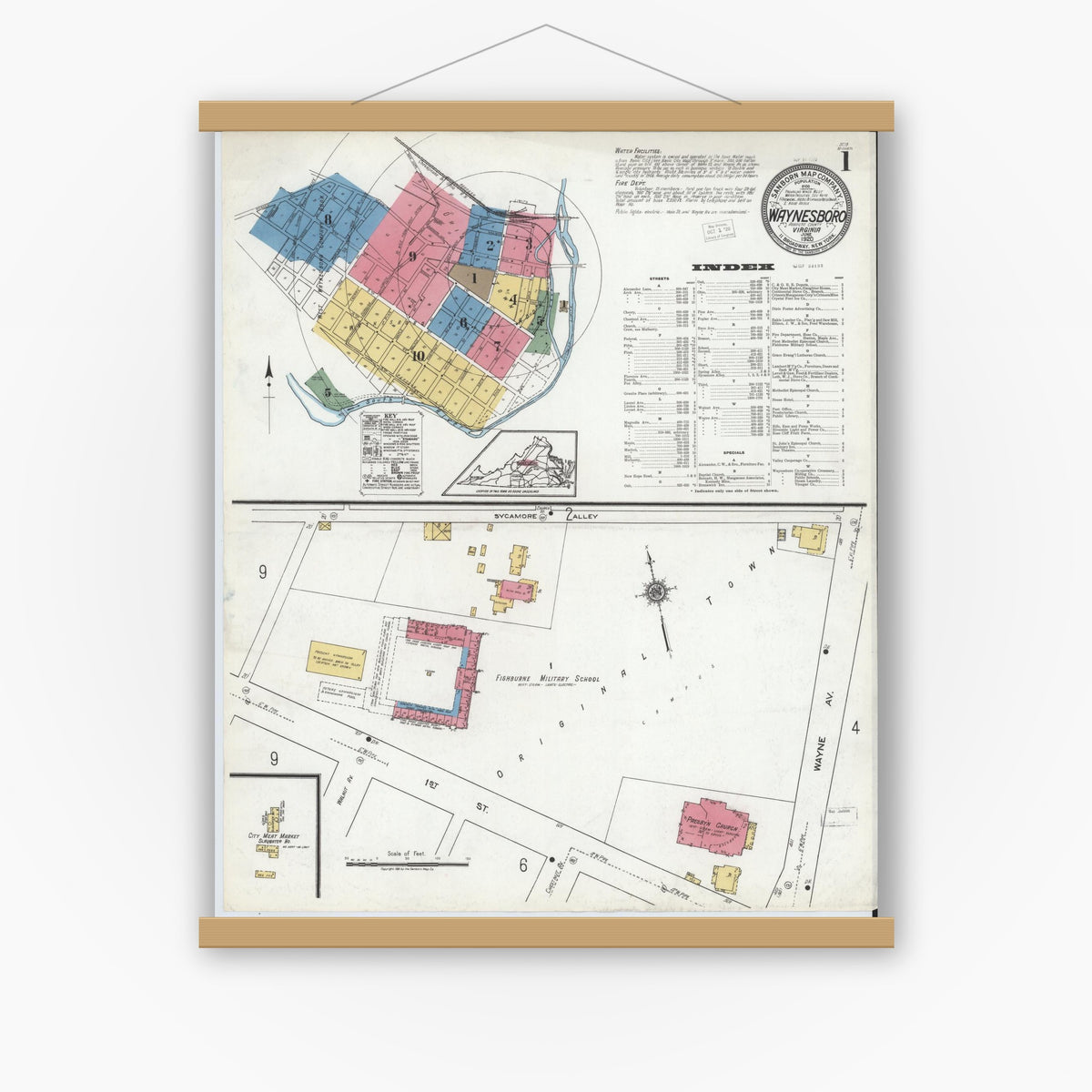 Old map wall art mockup — magnetic wood frame on white wall — Sanborn Fire Insurance Map from Waynesboro, Independent Cities, Virginia (1920) - Complete Map Set