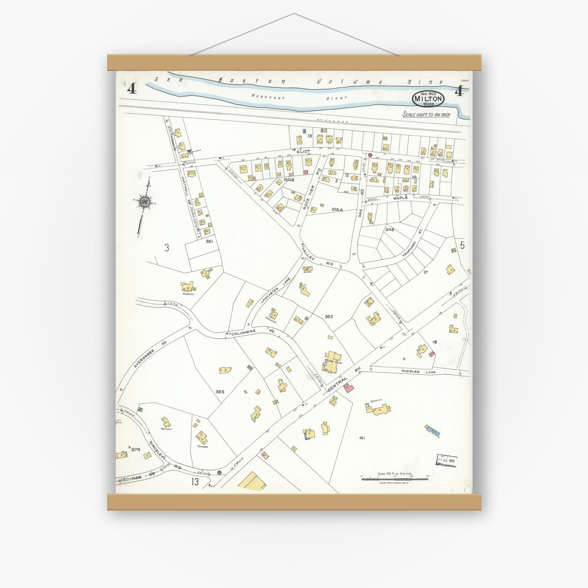 Old map wall art mockup — magnetic wood frame on white wall — Sanborn Fire Insurance Map from Milton, Norfolk County, Massachusetts (1923), Sheet #0004