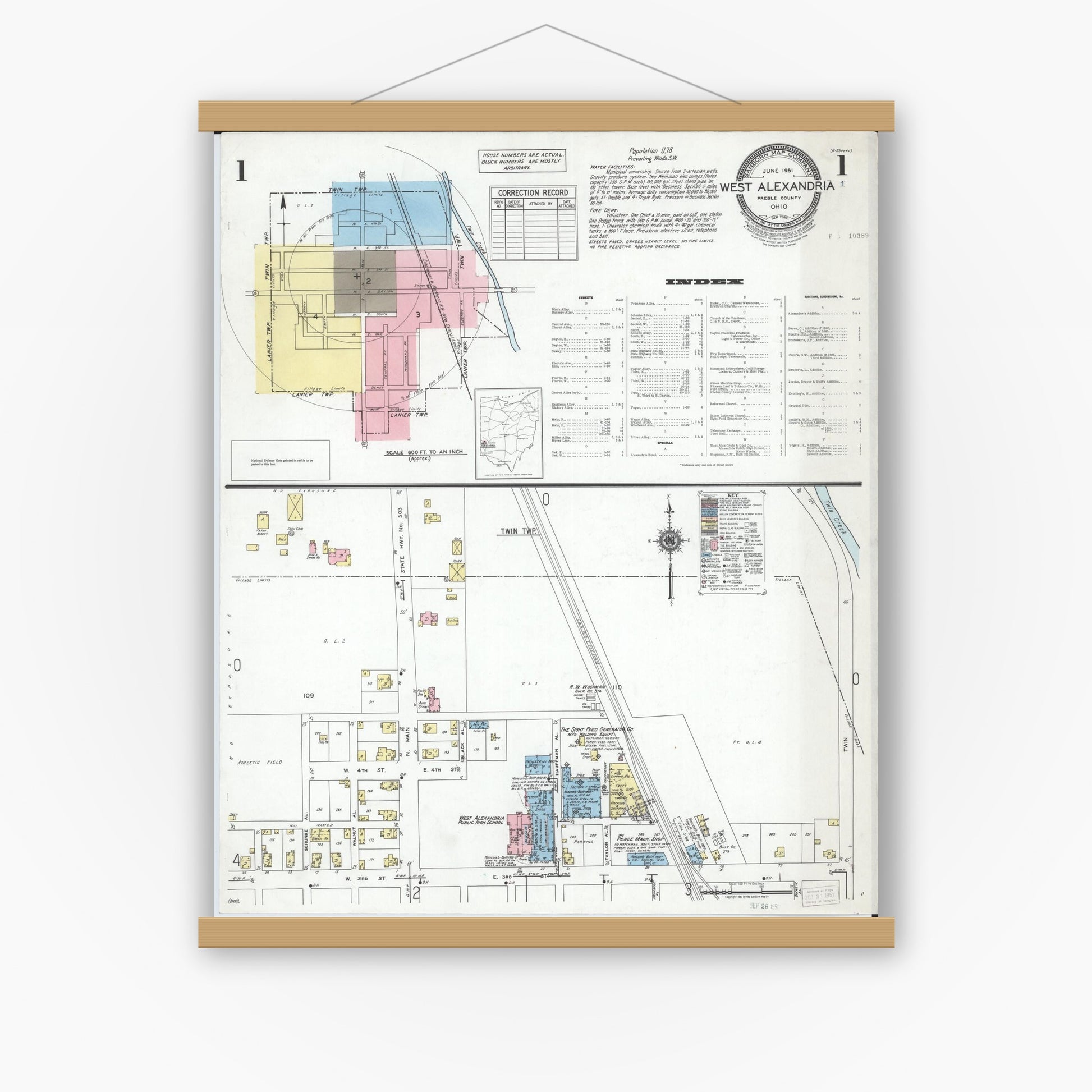 Old map wall art mockup — magnetic wood frame on white wall — Sanborn Fire Insurance Map from West Alexandria, Preble County, Ohio (1951), Sheet #0001