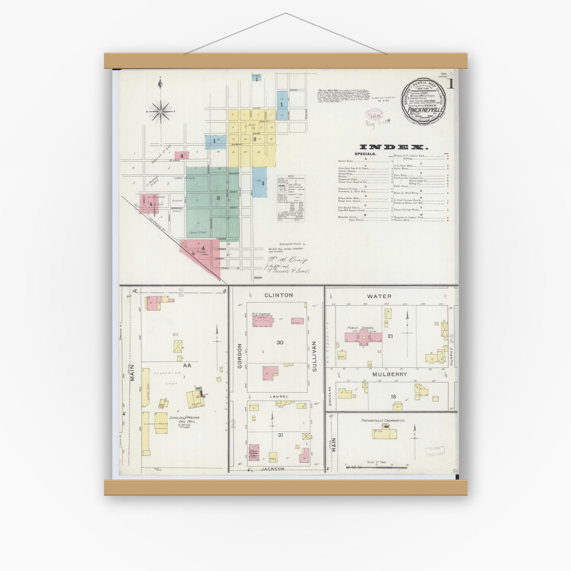 Old map wall art mockup — magnetic wood frame on white wall — Sanborn Fire Insurance Map from Pinckneyville, Perry County, Illinois (1894) - Complete Map Set
