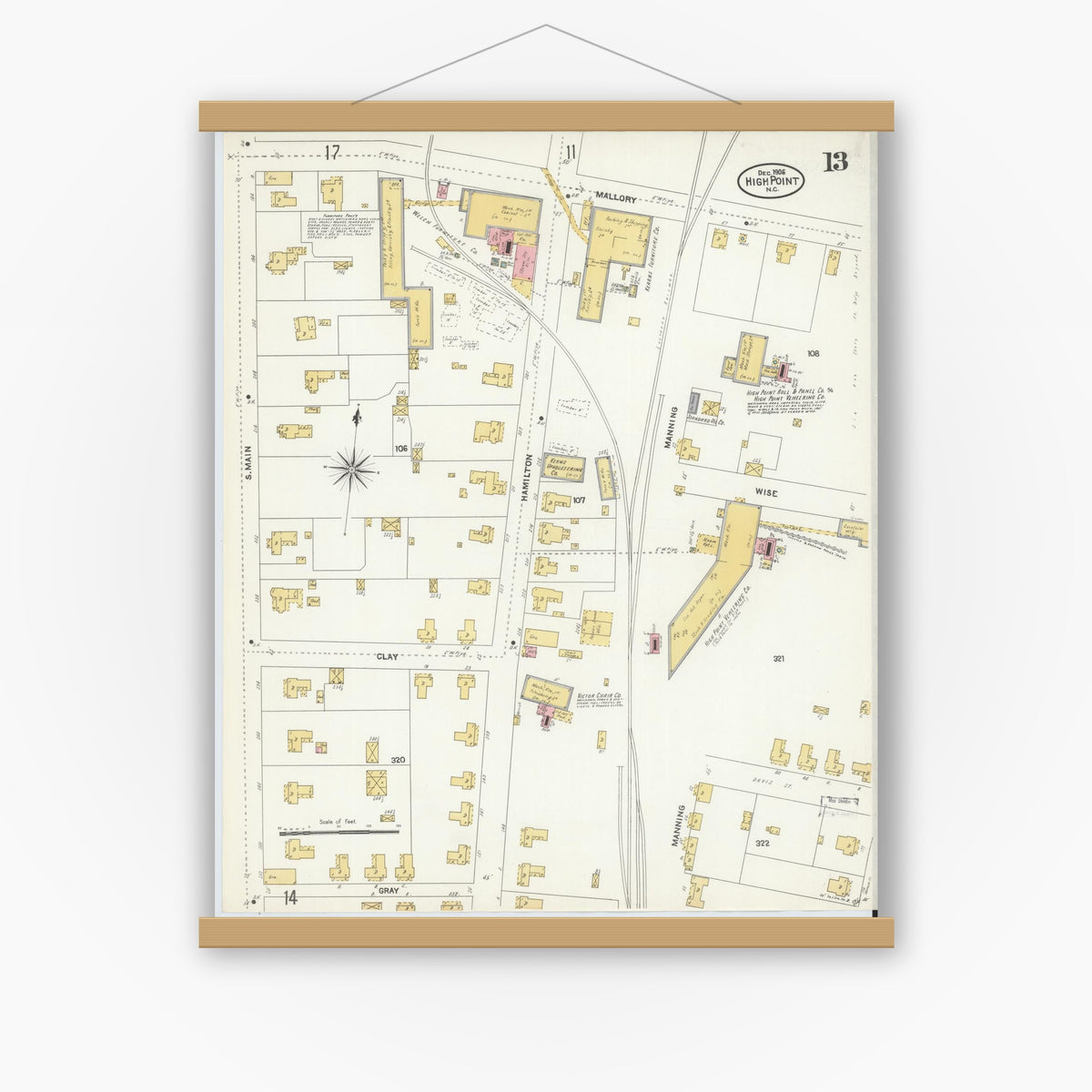 Old map wall art mockup — magnetic wood frame on white wall — Sanborn Fire Insurance Map from High Point, Guilford County, North Carolina (1906), Sheet #0013