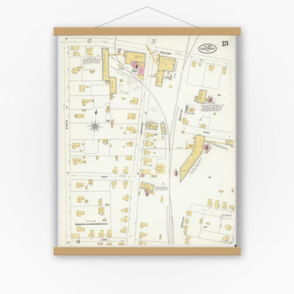 Old map wall art mockup — magnetic wood frame on white wall — Sanborn Fire Insurance Map from High Point, Guilford County, North Carolina (1906), Sheet #0013