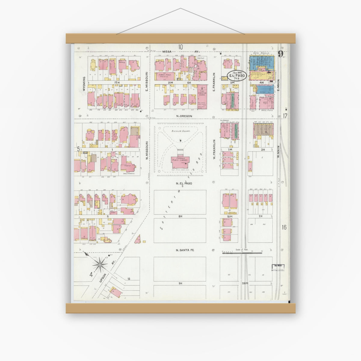 Old map wall art mockup — magnetic wood frame on white wall — Sanborn Fire Insurance Map from El Paso, El Paso County, Texas (1905), Sheet #0009
