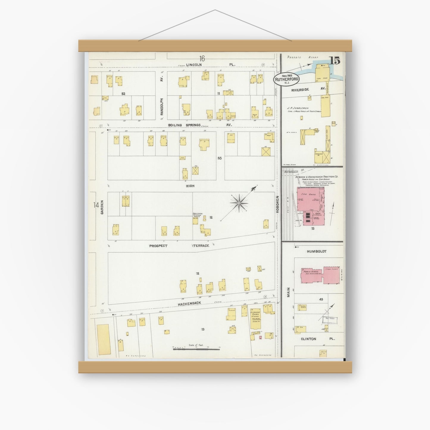 Old map wall art mockup — magnetic wood frame on white wall — Sanborn Fire Insurance Map from Rutherford, Bergen County, New Jersey (1902), Sheet #0015