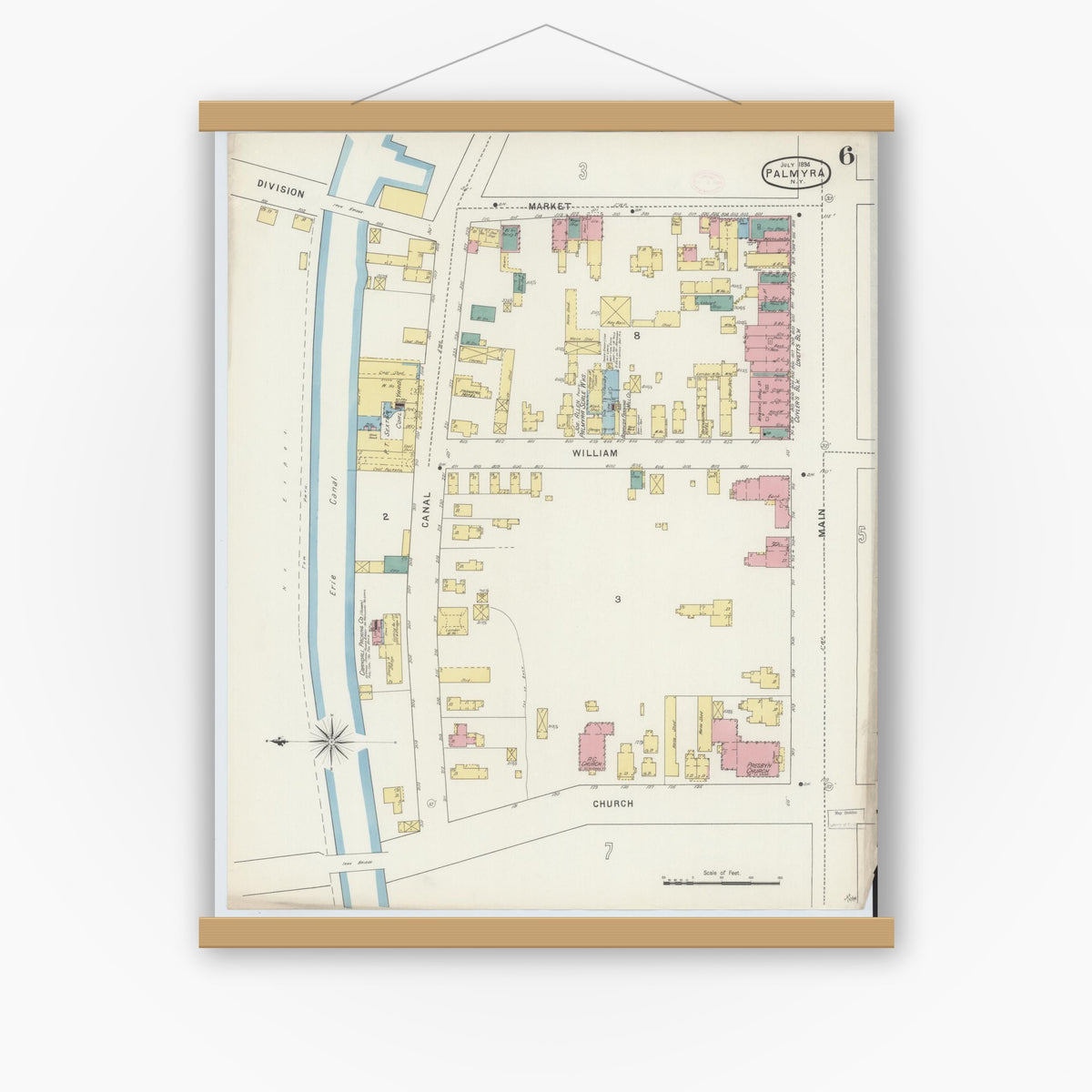 Old map wall art mockup — magnetic wood frame on white wall — Sanborn Fire Insurance Map from Palmyra, Wayne County, New York (1894), Sheet #0006