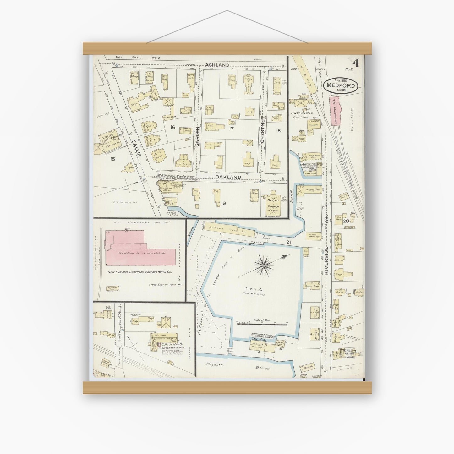 Old map wall art mockup — magnetic wood frame on white wall — Sanborn Fire Insurance Map from Medford, Middlesex County, Massachusetts (1887), Sheet #0004