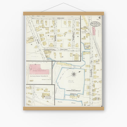 Old map wall art mockup — magnetic wood frame on white wall — Sanborn Fire Insurance Map from Medford, Middlesex County, Massachusetts (1887), Sheet #0004
