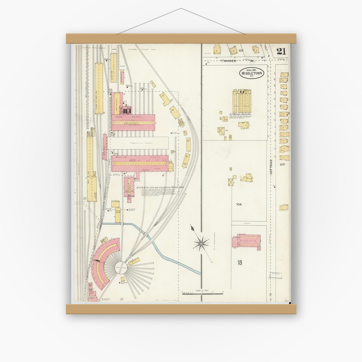 Old map wall art mockup — magnetic wood frame on white wall — Sanborn Fire Insurance Map from Middletown, Orange County, New York (1904), Sheet #0021