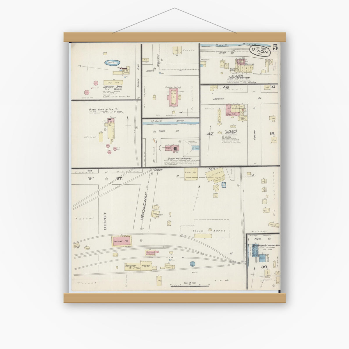 Old map wall art mockup — magnetic wood frame on white wall — Sanborn Fire Insurance Map from Dixon, Lee County, Illinois (1885), Sheet #0005