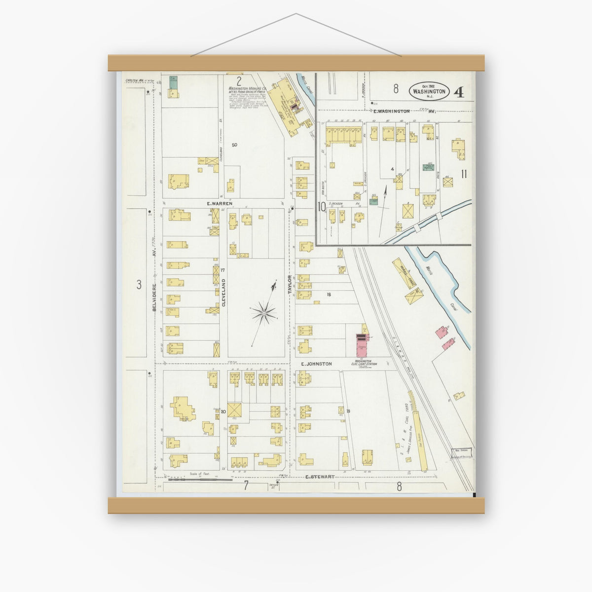 Old map wall art mockup — magnetic wood frame on white wall — Sanborn Fire Insurance Map from Washington, Warren County, New Jersey (1902), Sheet #0004