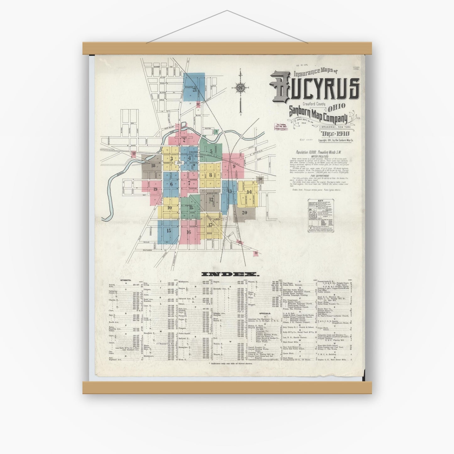 Old map wall art mockup — magnetic wood frame on white wall — Sanborn Fire Insurance Map from Bucyrus, Crawford County, Ohio (1910), Sheet #0001
