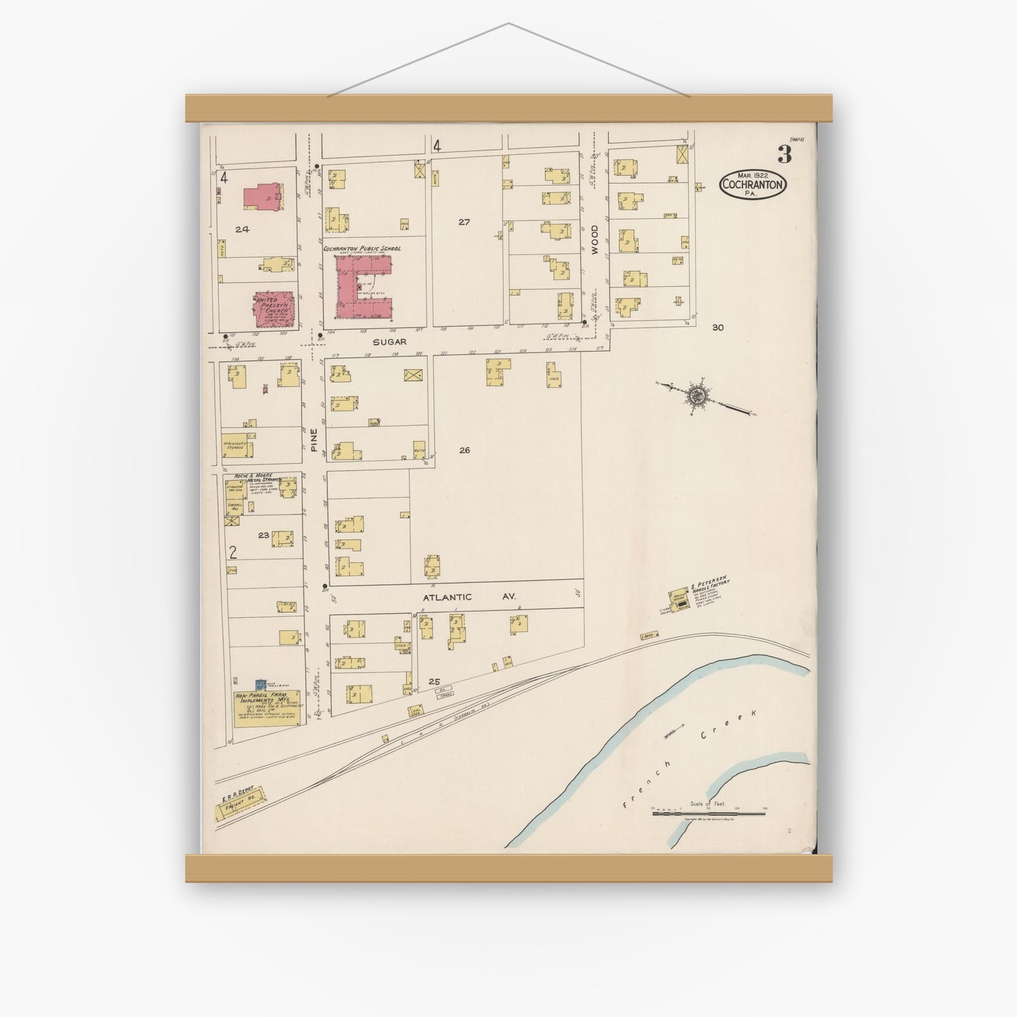 Old map wall art mockup — magnetic wood frame on white wall — Sanborn Fire Insurance Map from Cochranton, Crawford County, Pennsylvania (1922), Sheet #0003