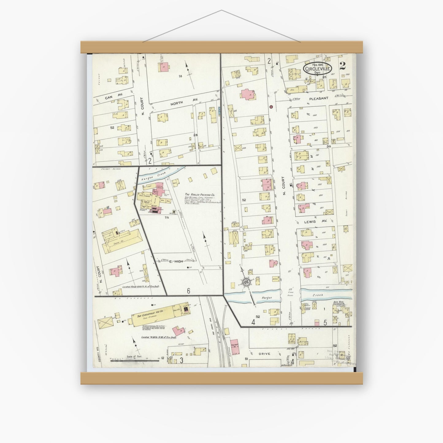 Old map wall art mockup — magnetic wood frame on white wall — Sanborn Fire Insurance Map from Circleville, Pickaway County, Ohio (1914), Sheet #0002