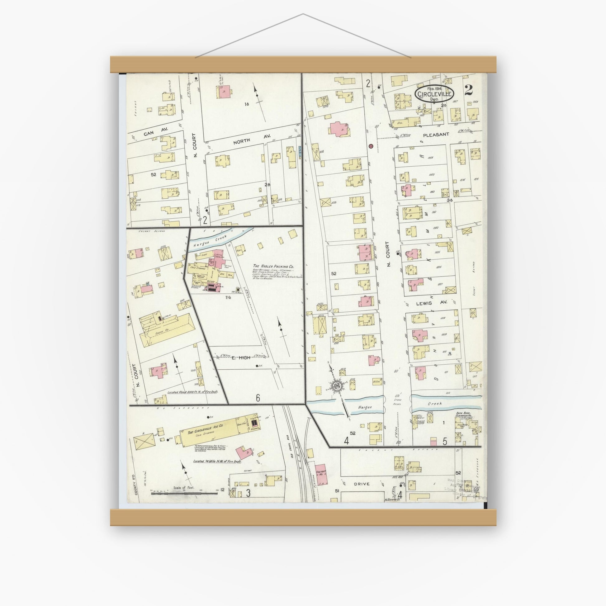 Old map wall art mockup — magnetic wood frame on white wall — Sanborn Fire Insurance Map from Circleville, Pickaway County, Ohio (1914), Sheet #0002