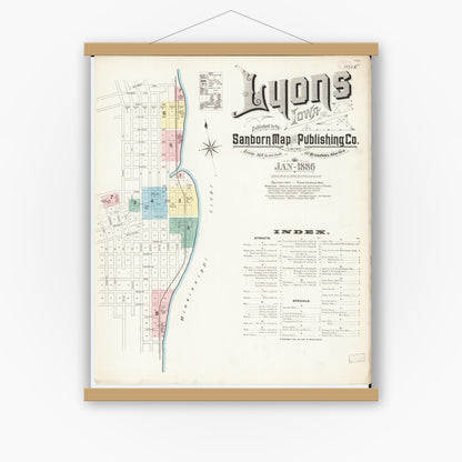 Old map wall art mockup — magnetic wood frame on white wall — Sanborn Fire Insurance Map from Lyons, Clinton County, Iowa (1886), Sheet #0001