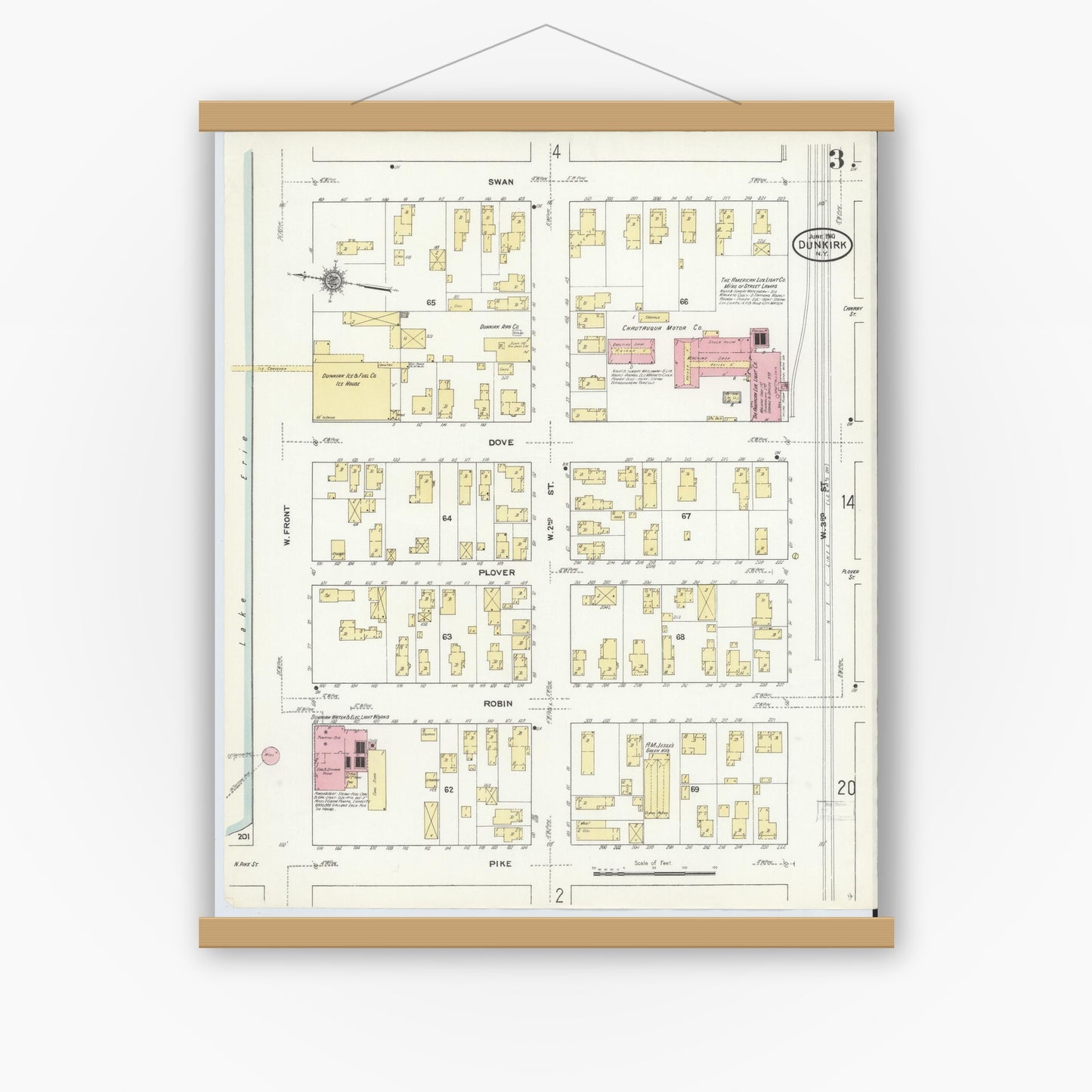 Old map wall art mockup — magnetic wood frame on white wall — Sanborn Fire Insurance Map from Dunkirk, Chautauqua County, New York (1910), Sheet #0003