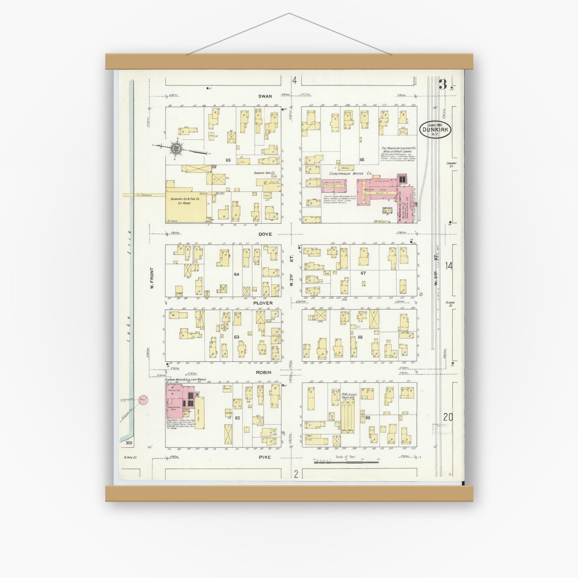 Old map wall art mockup — magnetic wood frame on white wall — Sanborn Fire Insurance Map from Dunkirk, Chautauqua County, New York (1910), Sheet #0003