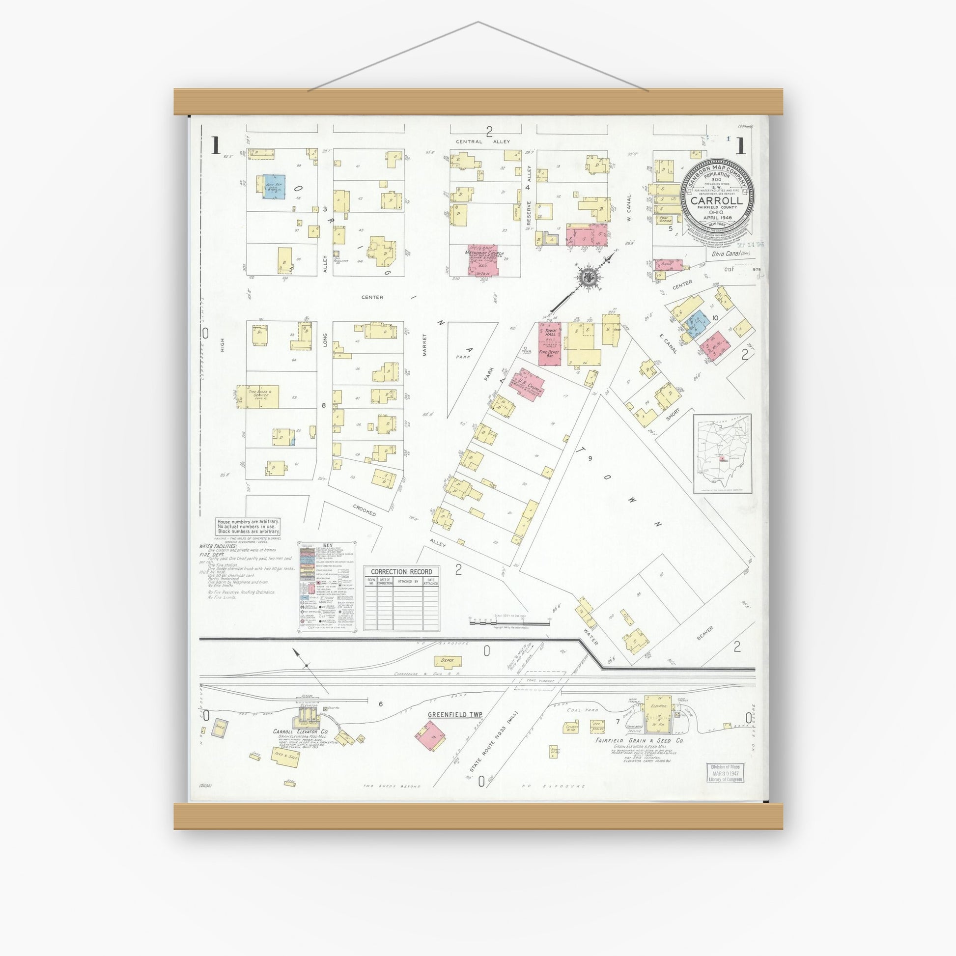 Old map wall art mockup — magnetic wood frame on white wall — Sanborn Fire Insurance Map from Carroll, Fairfield County, Ohio (1946), Sheet #0001