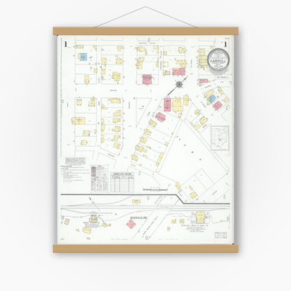 Old map wall art mockup — magnetic wood frame on white wall — Sanborn Fire Insurance Map from Carroll, Fairfield County, Ohio (1946), Sheet #0001