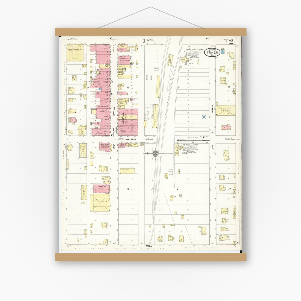 Old map wall art mockup — magnetic wood frame on white wall — Sanborn Fire Insurance Map from Traer, Tama County, Iowa (1913), Sheet #0002