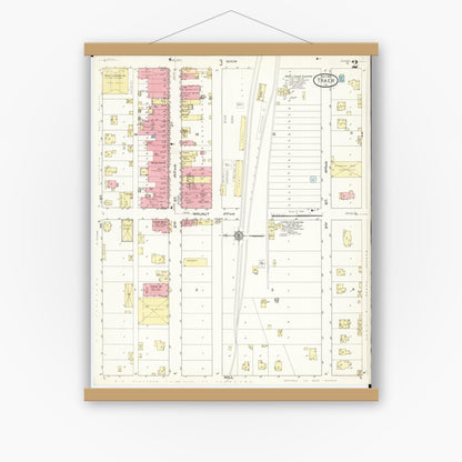 Old map wall art mockup — magnetic wood frame on white wall — Sanborn Fire Insurance Map from Traer, Tama County, Iowa (1913), Sheet #0002