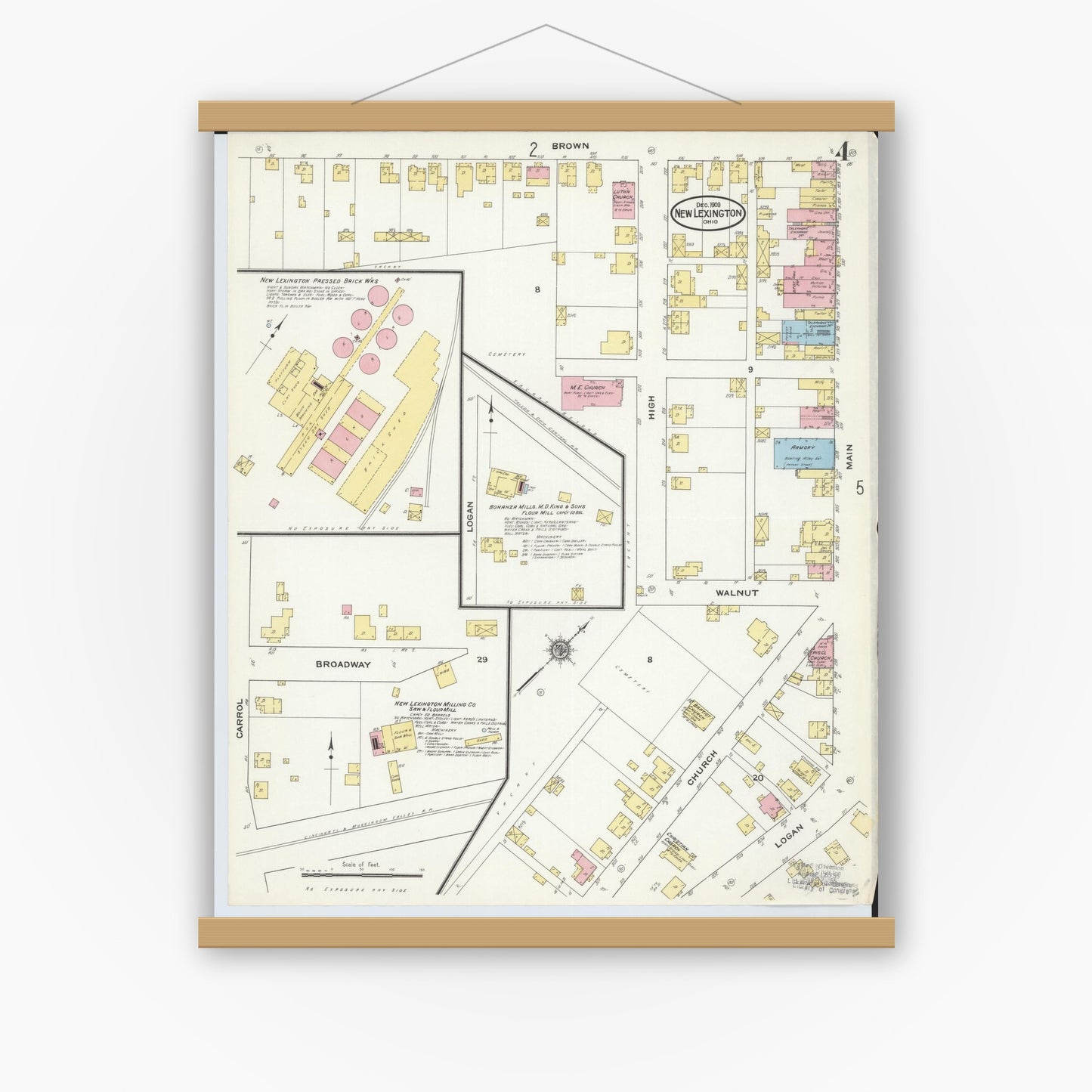 Old map wall art mockup — magnetic wood frame on white wall — Sanborn Fire Insurance Map from New Lexington, Perry County, Ohio (1909), Sheet #0004