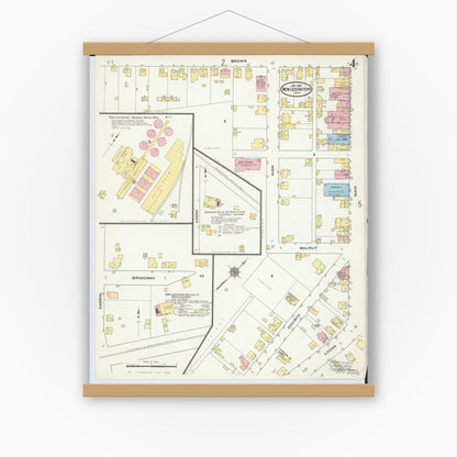 Old map wall art mockup — magnetic wood frame on white wall — Sanborn Fire Insurance Map from New Lexington, Perry County, Ohio (1909), Sheet #0004