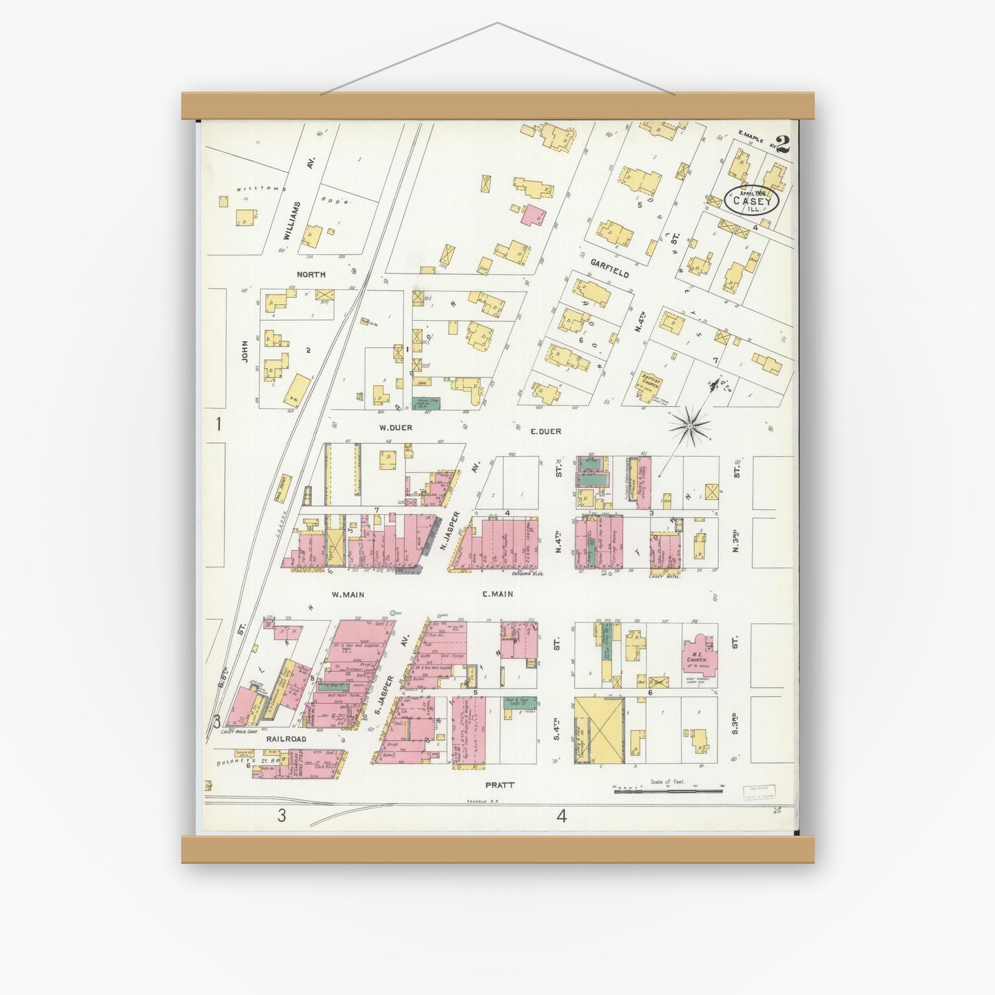 Old map wall art mockup — magnetic wood frame on white wall — Sanborn Fire Insurance Map from Casey, Clark County, Illinois (1906), Sheet #0002