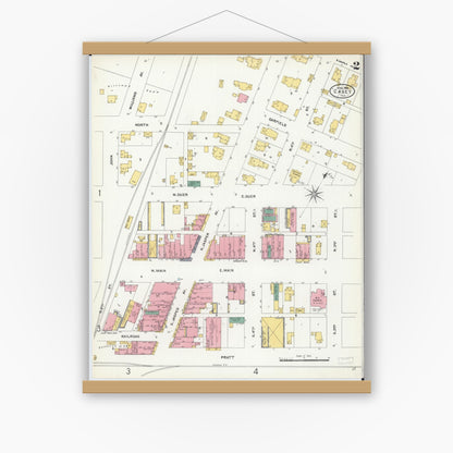 Old map wall art mockup — magnetic wood frame on white wall — Sanborn Fire Insurance Map from Casey, Clark County, Illinois (1906), Sheet #0002
