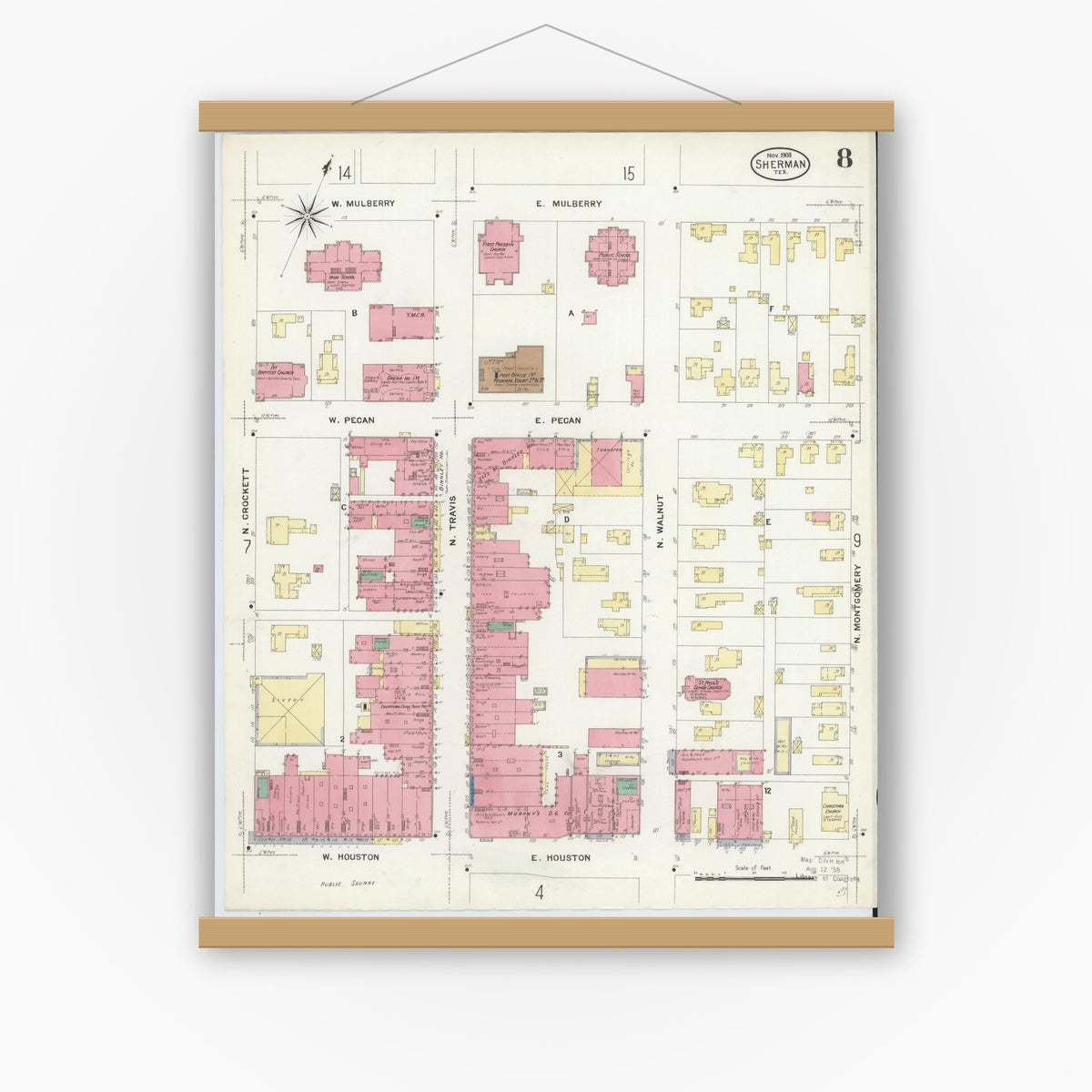 Old map wall art mockup — magnetic wood frame on white wall — Sanborn Fire Insurance Map from Sherman, Grayson County, Texas (1908), Sheet #0008