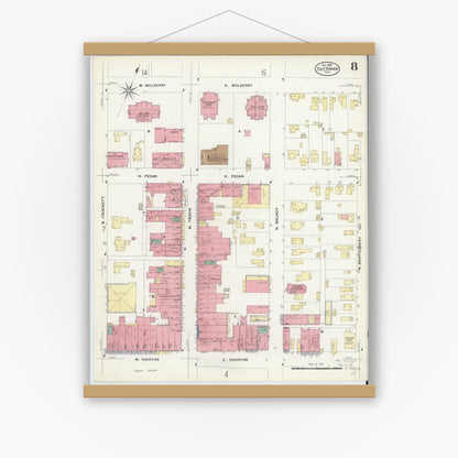 Old map wall art mockup — magnetic wood frame on white wall — Sanborn Fire Insurance Map from Sherman, Grayson County, Texas (1908), Sheet #0008