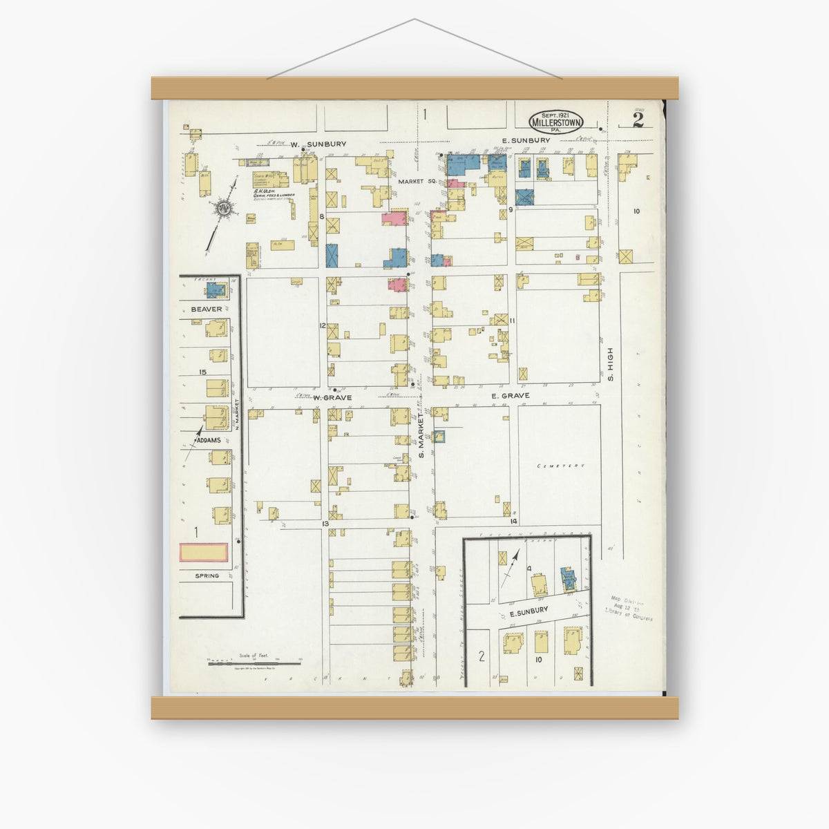 Old map wall art mockup — magnetic wood frame on white wall — Sanborn Fire Insurance Map from Millerstown, Perry County, Pennsylvania (1921), Sheet #0002