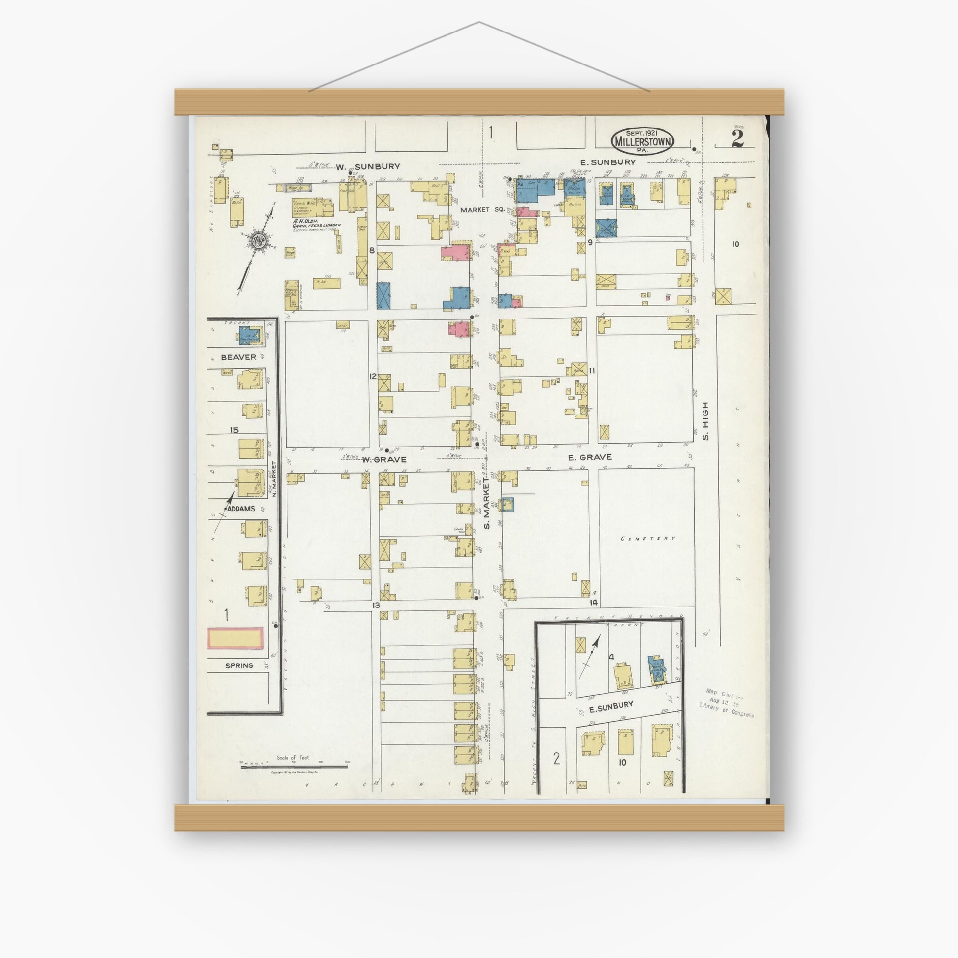 Old map wall art mockup — magnetic wood frame on white wall — Sanborn Fire Insurance Map from Millerstown, Perry County, Pennsylvania (1921), Sheet #0002