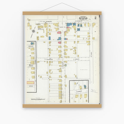 Old map wall art mockup — magnetic wood frame on white wall — Sanborn Fire Insurance Map from Millerstown, Perry County, Pennsylvania (1921), Sheet #0002