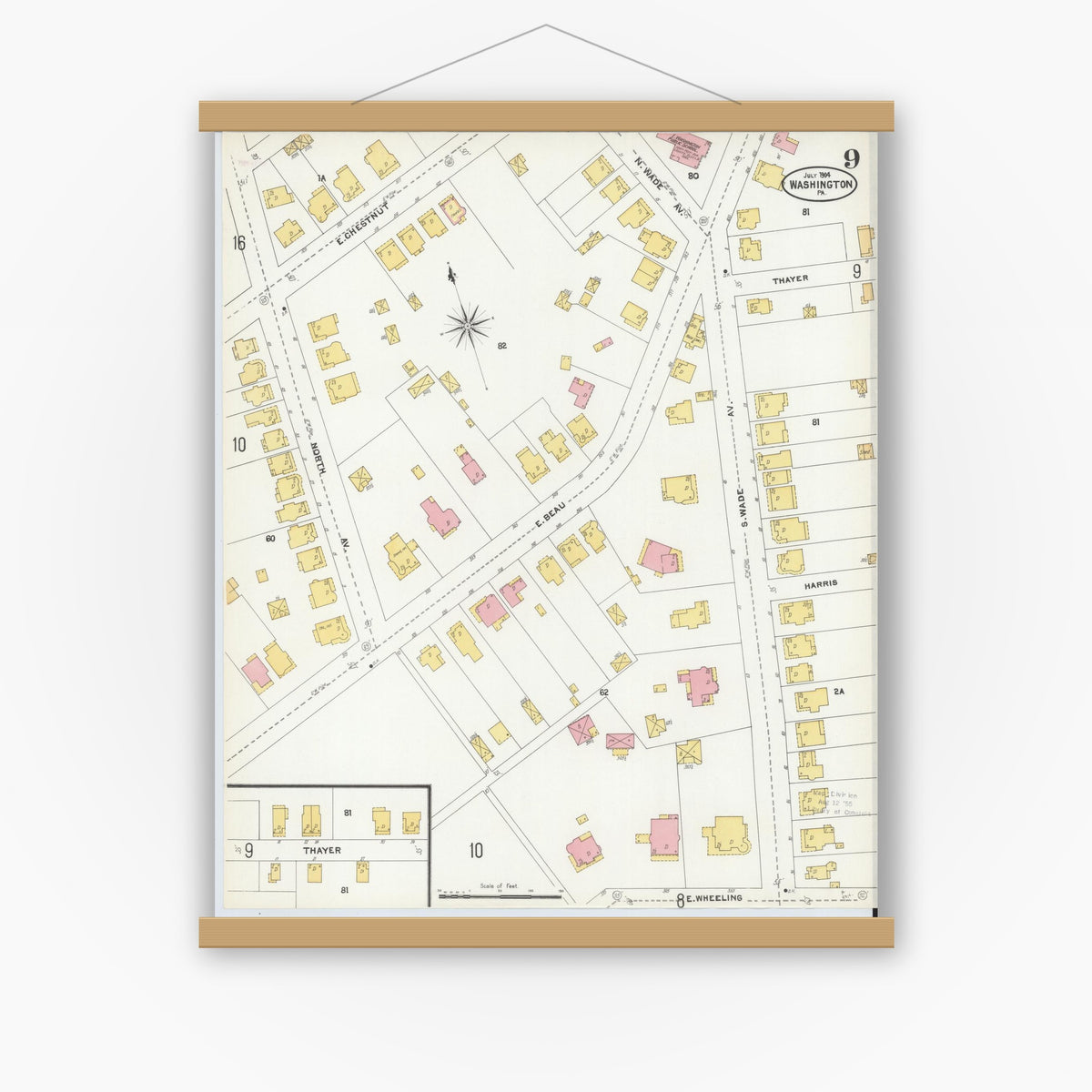 Old map wall art mockup — magnetic wood frame on white wall — Sanborn Fire Insurance Map from Washington, Washington County, Pennsylvania (1904), Sheet #0009