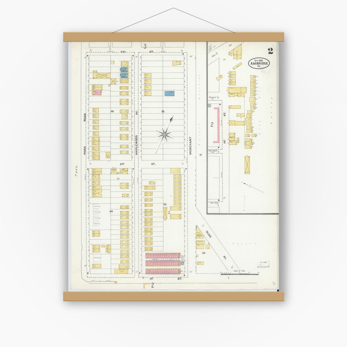 Old map wall art mockup — magnetic wood frame on white wall — Sanborn Fire Insurance Map from Ambridge, Beaver County, Pennsylvania (1905), Sheet #0002