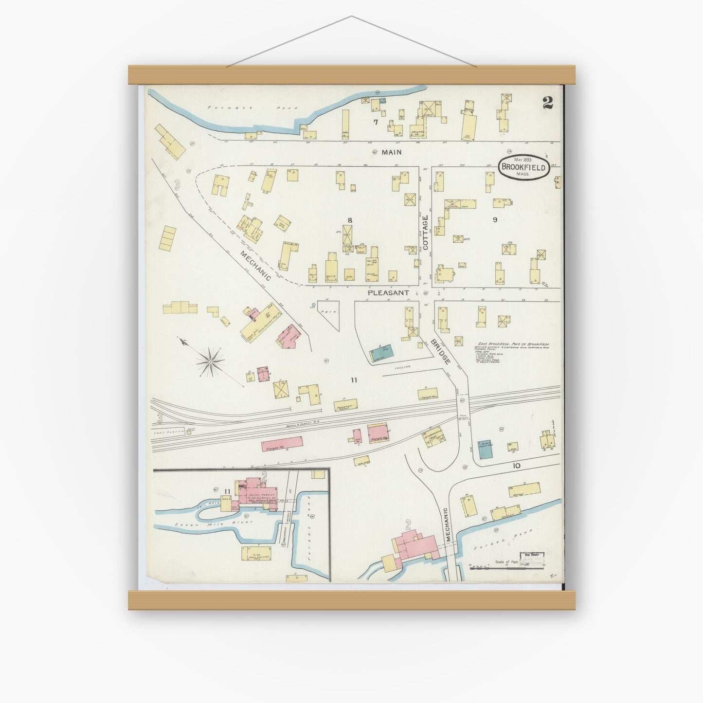 Old map wall art mockup — magnetic wood frame on white wall — Sanborn Fire Insurance Map from Brookfield, Worcester County, Massachusetts (1893), Sheet #0002
