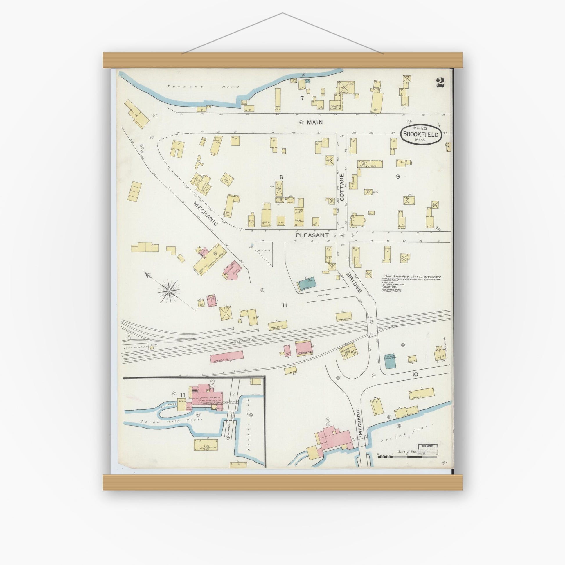 Old map wall art mockup — magnetic wood frame on white wall — Sanborn Fire Insurance Map from Brookfield, Worcester County, Massachusetts (1893), Sheet #0002