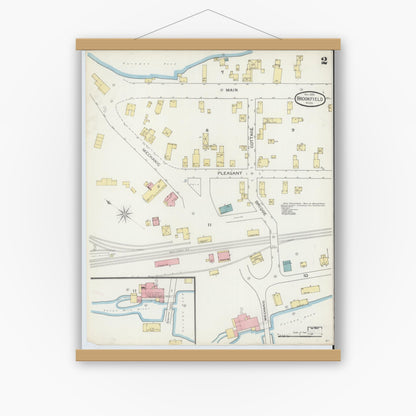 Old map wall art mockup — magnetic wood frame on white wall — Sanborn Fire Insurance Map from Brookfield, Worcester County, Massachusetts (1893), Sheet #0002