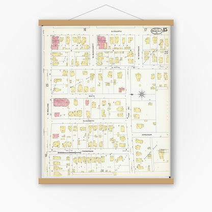 Old map wall art mockup — magnetic wood frame on white wall — Sanborn Fire Insurance Map from Moberly, Randolph County, Missouri (1909), Sheet #0015