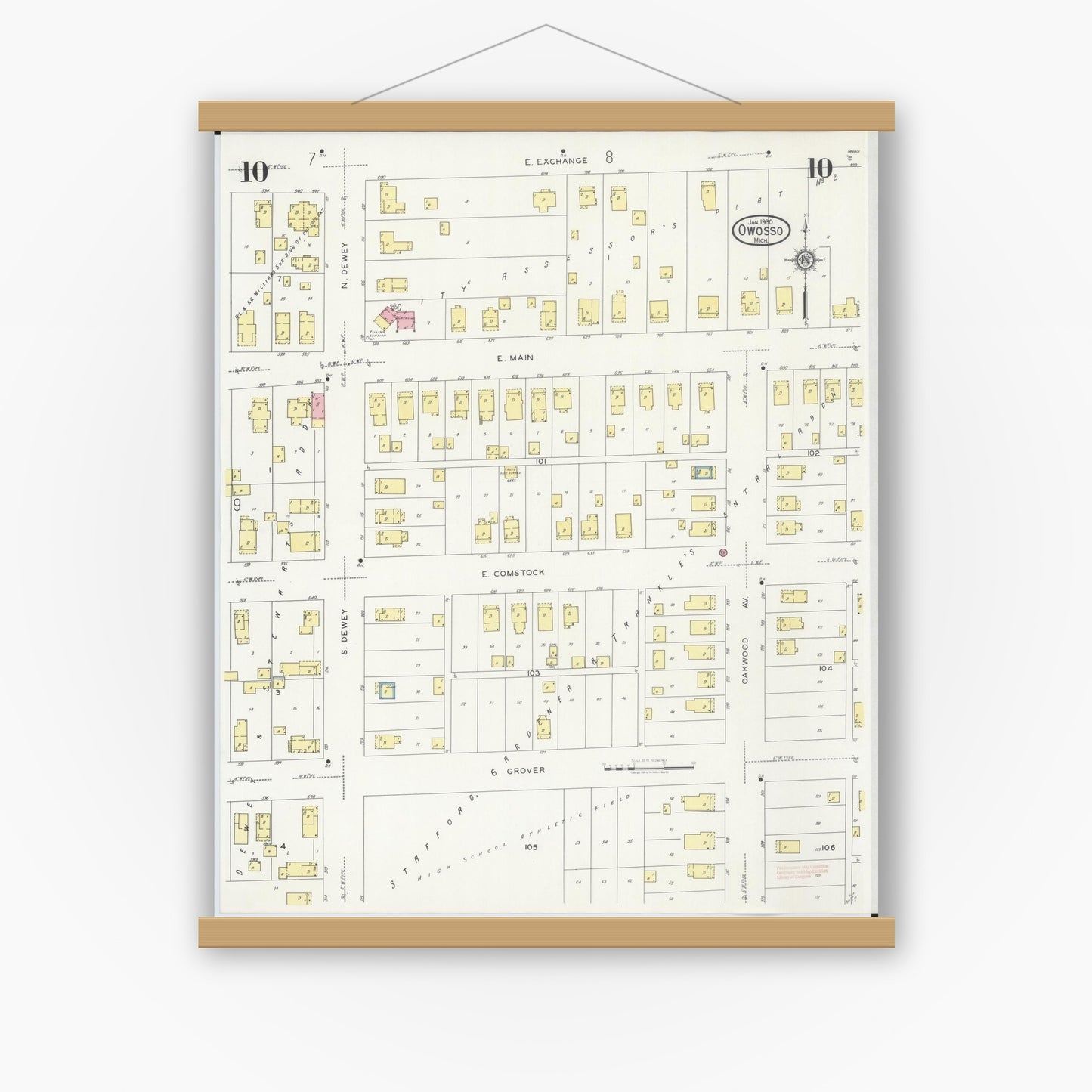Old map wall art mockup — magnetic wood frame on white wall — Sanborn Fire Insurance Map from Owosso, Shiawassee County, Michigan (1930), Sheet #0010