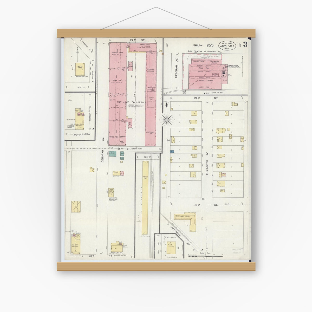 Old map wall art mockup — magnetic wood frame on white wall — Sanborn Fire Insurance Map from Zion, Lake County, Illinois (1907), Sheet #0003