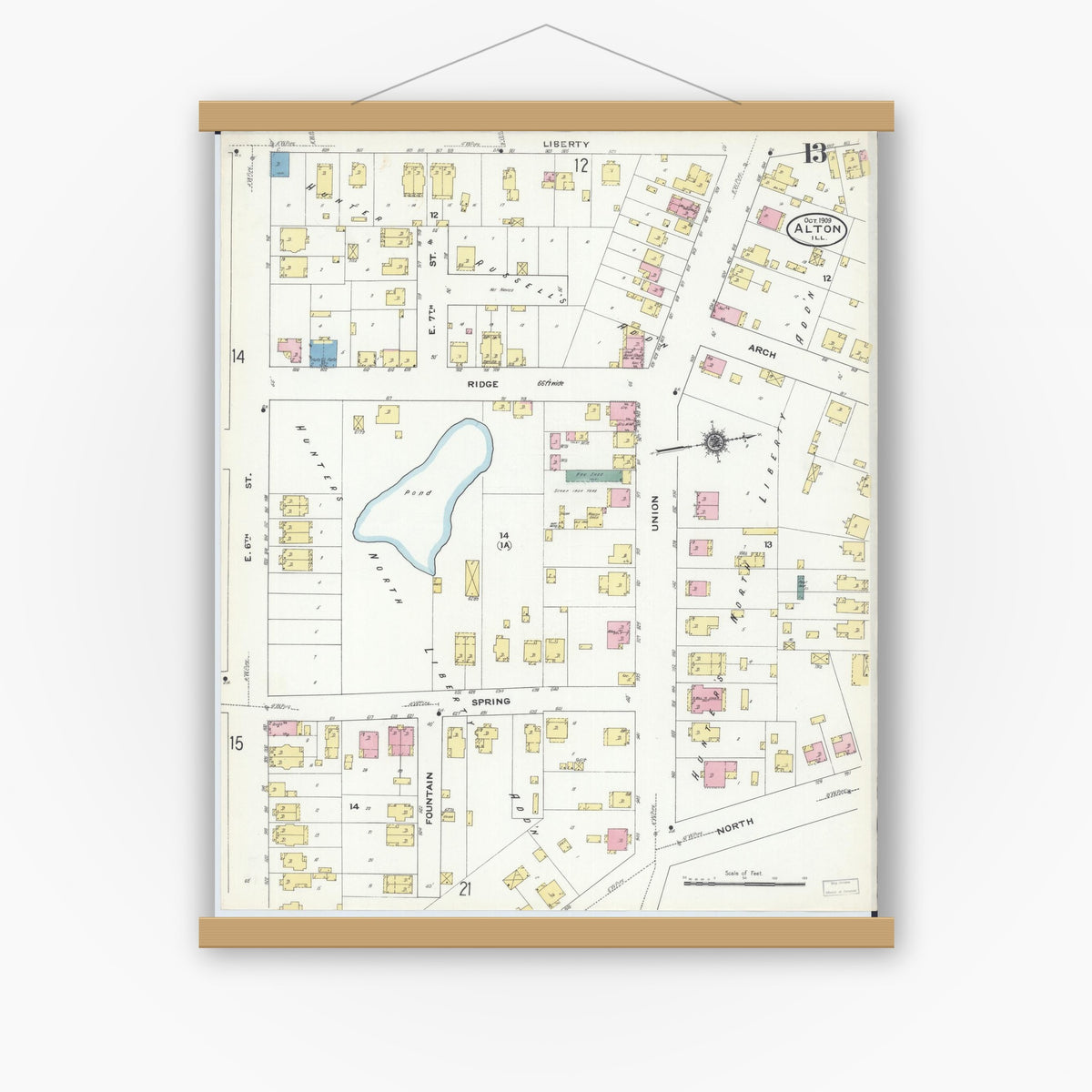 Old map wall art mockup — magnetic wood frame on white wall — Sanborn Fire Insurance Map from Alton, Madison County, Illinois (1909), Sheet #0013